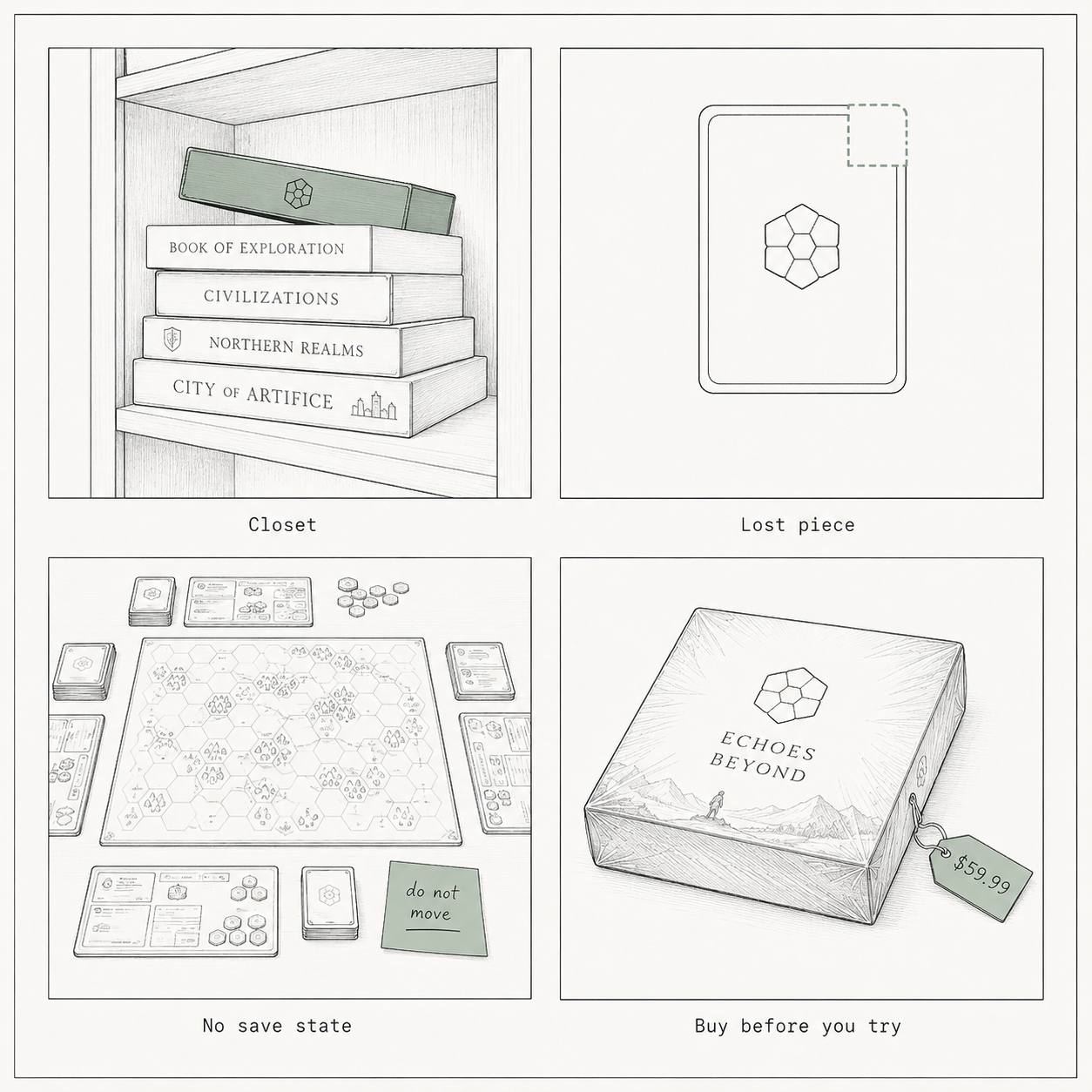 A 2x2 grid of four illustrated panels showing the everyday friction of board gaming: a closet of stacked boxes, a card with a missing-piece outline, a board mid-play with a do-not-move sticky note, and a shrink-wrapped box with a price tag.